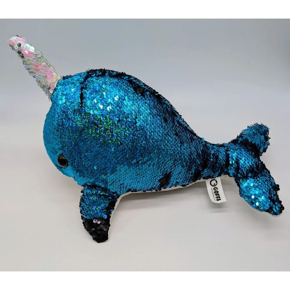 GOFFA Plush NARWHAL Blue And Black Sequin Stuffed Animal 13